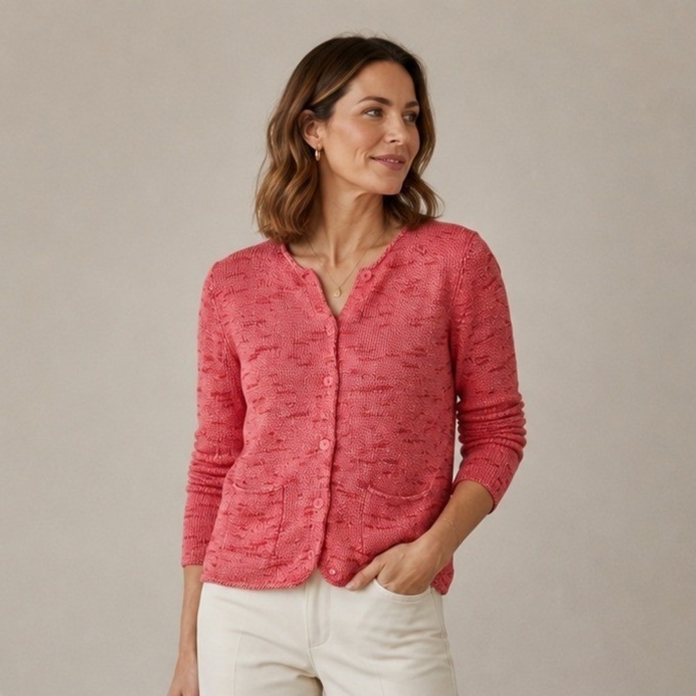 Eileen Fisher Textured Cardigan S Coral Marled Knit Cotton Linen Minimalist